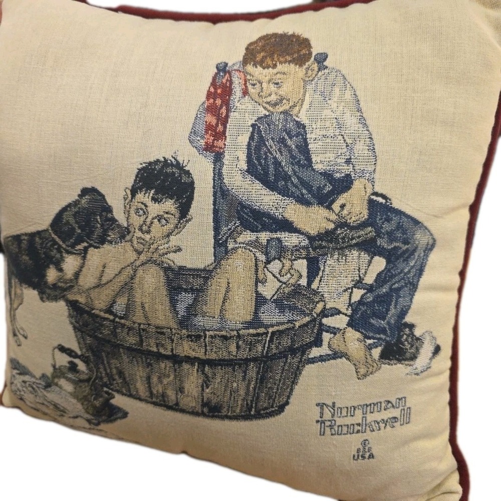 Vintage Norman Rockwell  15"×15"  Dog Themed Pillow "Lickin Good Bath" USA Made - Picture 2 of 7